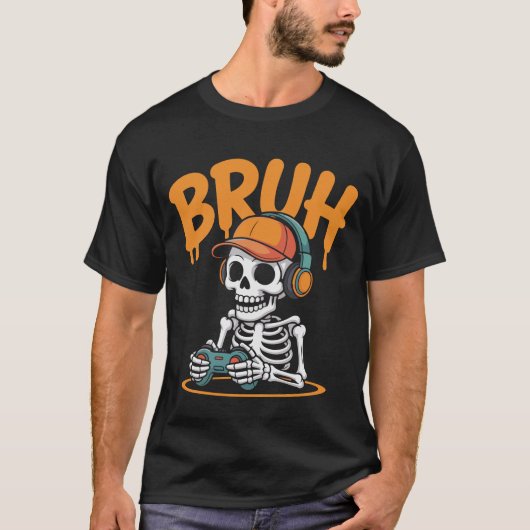 Bruh Skelet Gamer Halloween T-Shirt – Grappige Vid (Voorkant)