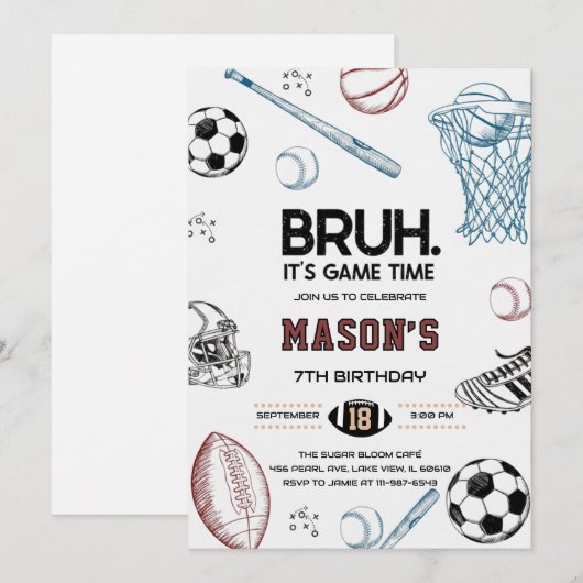Bruh Sports Birthday Game Time Party Invitation Kaart (Voorkant / Achterkant)
