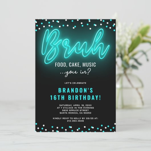 BRUH Teen Boy Neon Verjaardagsfeestje Kaart (Staand voorkant)