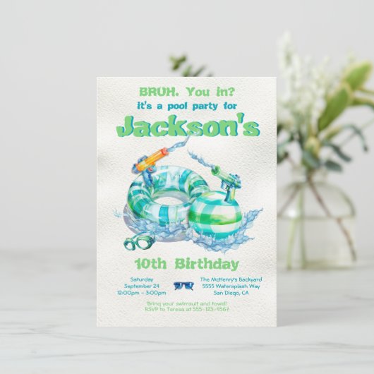 Bruh Verjaardag Zwembad Party Kaart (Staand voorkant)