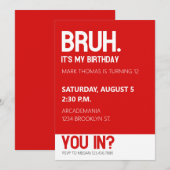 BRUH VERJAARDAGSFEEST TIENER JONGEN ROOD Minimalis Kaart (Voorkant / Achterkant)