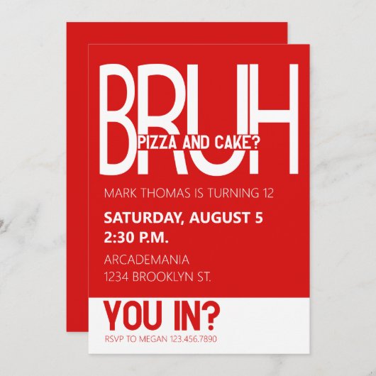 BRUH VERJAARDAGSFEEST TIENER JONGEN ROOD WIT KAART (Voorkant / Achterkant)