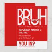 BRUH VERJAARDAGSFEEST TIENER JONGEN ROOD WIT KAART (Voorkant / Achterkant)