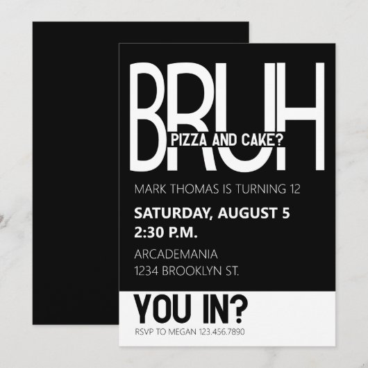 BRUH VERJAARDAGSFEEST TIENER JONGEN ZWART WIT KAART (Voorkant / Achterkant)