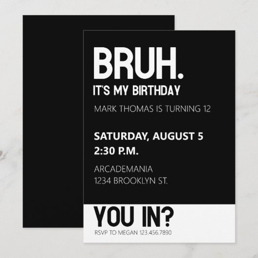 BRUH VERJAARDAGSFEEST TIENER JONGEN ZWART WIT KAART (Voorkant / Achterkant)