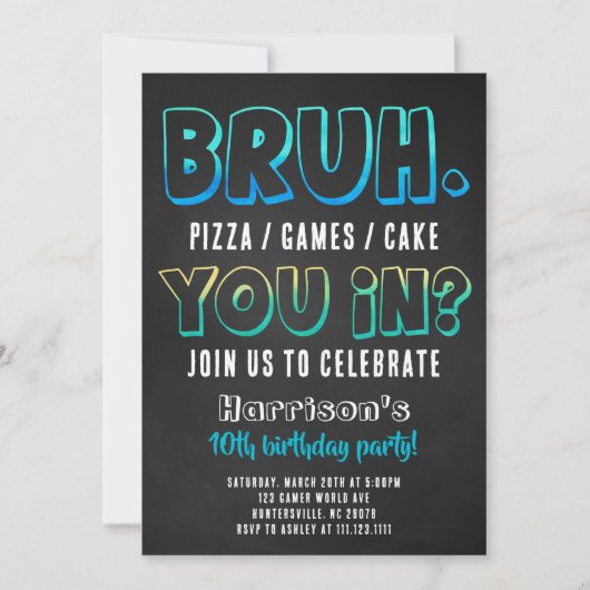 Bruh verjaardagsfeestje jongens uitnodiging (Voorkant)
