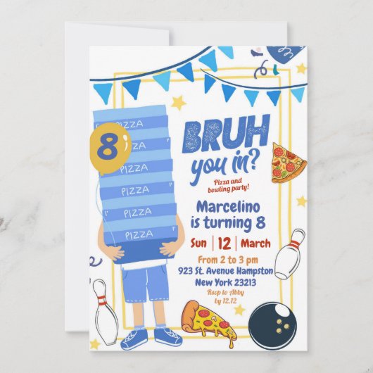 Bruh You in Blue Pizza en Bowling Verjaardagsfeest Kaart (Voorkant)