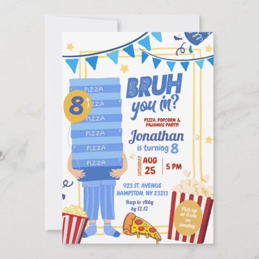 Bruh You In Blue Pizza Popcorn Pyjama Verjaardag Kaart (Voorkant)