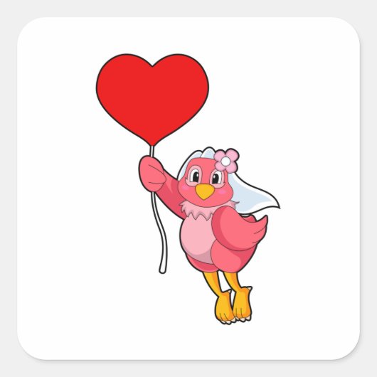 Bruid als Vogel met Sluier & Hartballon Vierkante Sticker (Voorkant)