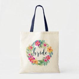 Bruid Blauwe Typografie & Tropische Bloemen Krans Tote Bag