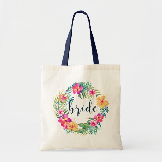 Bruid Blauwe Typografie & Tropische Bloemen Krans Tote Bag (Voorkant)