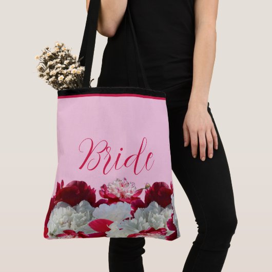 Bruid bloemige pioenrozen multi print boodschappen tote bag (Dichtbij)