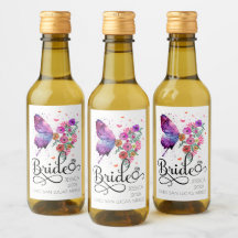 Bruid boho Bloem Vlinder Naam Mini Wijnlabel