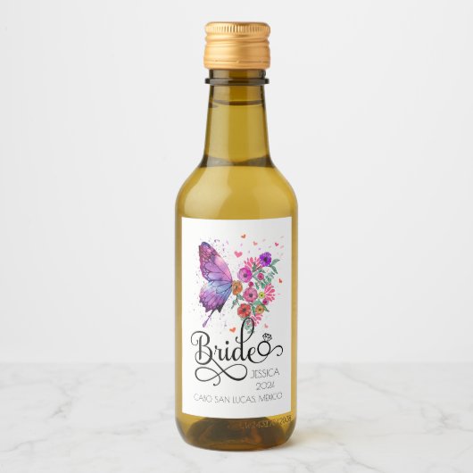 Bruid Boho Bloemen Vlinder Naam Mini Wijn Label Wijn Etiket (Voorkant)