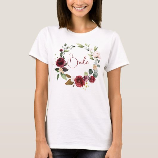 Bruid Bourgondië Bloemige Trouw T-Shirt (Voorkant)