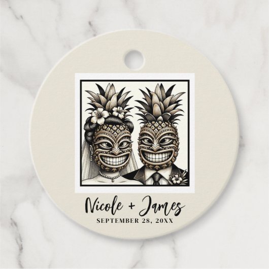 Bruid & Bruidegom Aloha Ananas Tiki Bruiloft Bedankjes Labels (Voorkant)