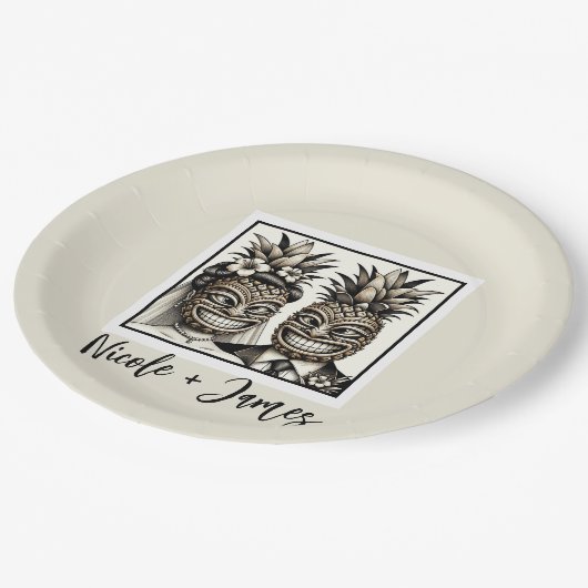 Bruid & bruidegom Aloha Ananas Tiki Bruiloft Papieren Bordje (Gekanteld)