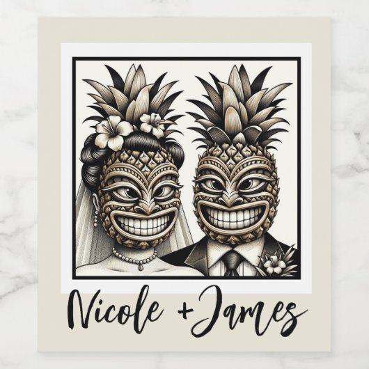 Bruid & bruidegom Aloha Ananas Tiki Bruiloft Wijn Etiket (Enkel label)