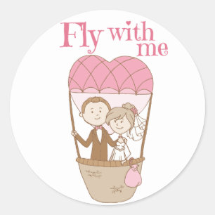Bruid & Bruidegom Bruin Roze Heteluchtballon Trouw Ronde Sticker