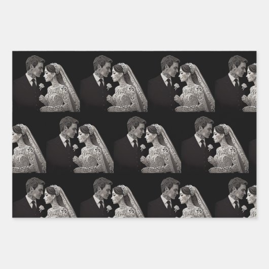 Bruid & bruidegom Delicate Wit op Zwart Inpakpapier Vel (Voorkant 3)