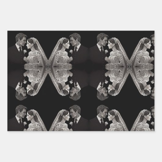 Bruid & bruidegom Delicate Wit op Zwart Inpakpapier Vel (Voorkant 2)