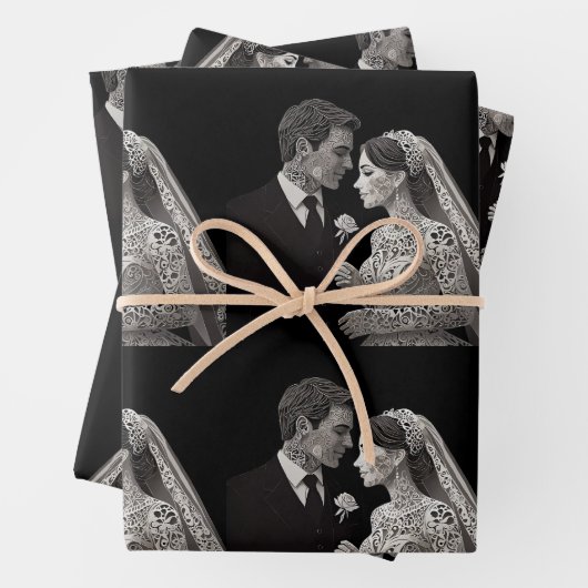 Bruid & bruidegom Delicate Wit op Zwart Inpakpapier Vel (In situ)
