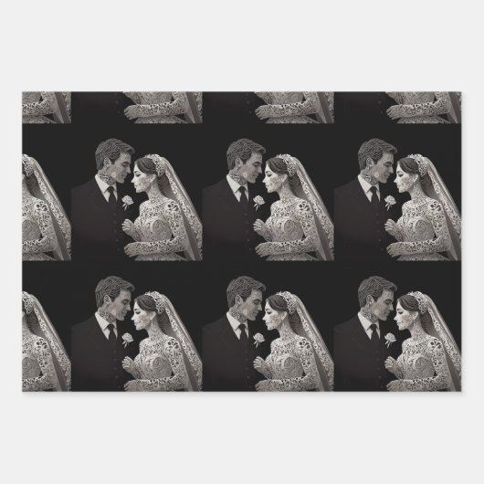 Bruid & bruidegom Delicate Wit op Zwart Inpakpapier Vel (Voorkant)