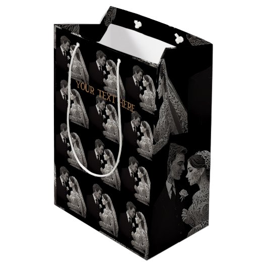 Bruid & bruidegom Delicate Wit op Zwart Medium Cadeauzakje (Achterkant Gekanteld)