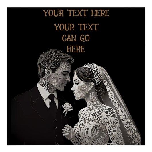 Bruid & bruidegom Delicate Wit op Zwart Perfect Poster (Voorkant)