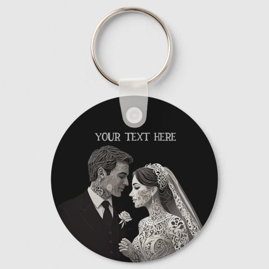 Bruid & bruidegom Delicate Wit op Zwart Sleutelhanger (Voorkant)
