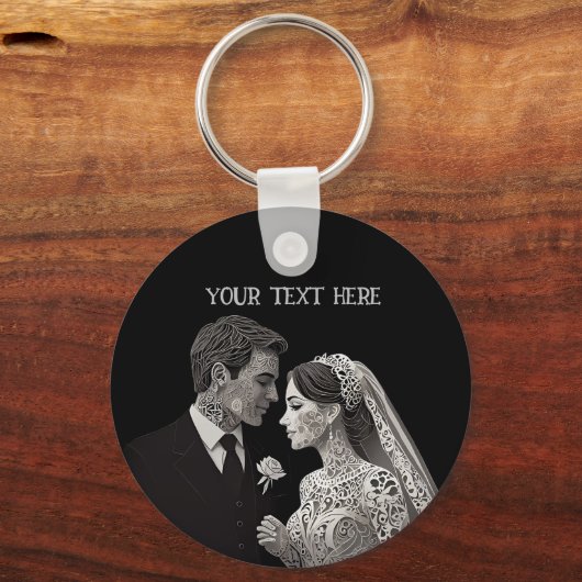 Bruid & bruidegom Delicate Wit op Zwart Sleutelhanger (Voorkant)