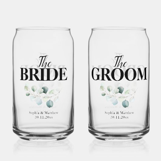 Bruid Bruidegom Eucalyptus Script Trouwen Blikvorm Glas (Voorkant)