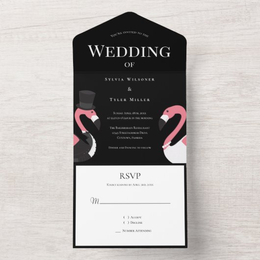 bruid bruidegom flamingo bruiloft all in one uitnodiging (Binnen)