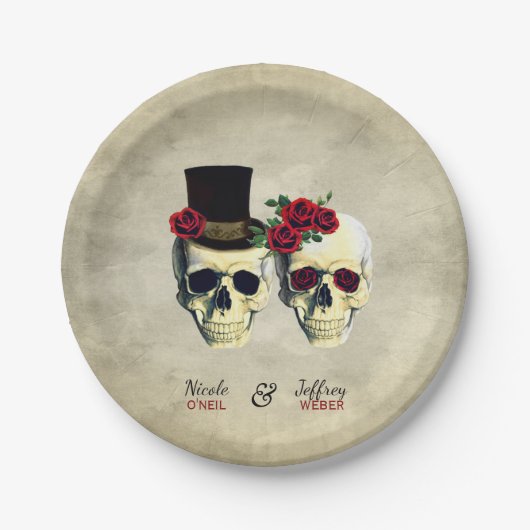 Bruid & Bruidegom Gothic Skulls Wedding Papieren Bordje (Voorkant)
