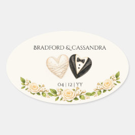 Bruid Bruidegom Hart Bloemen Aangepaste Naam Datum Ovale Sticker