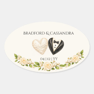 Bruid Bruidegom Hart Bloemen Aangepaste Naam Datum Ovale Sticker