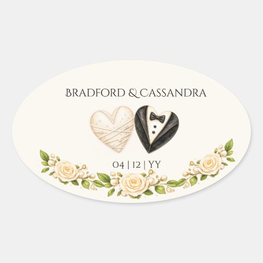 Bruid Bruidegom Hart Bloemen Aangepaste Naam Datum Ovale Sticker (Voorkant)