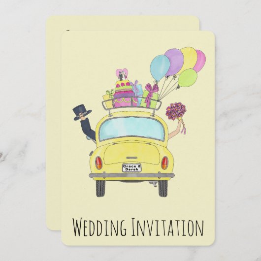 Bruid & bruidegom in auto bruiloft uitnodiging (Voorkant / Achterkant)