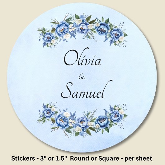 Bruid & Bruidegom Namen Blauwe Pioen Ronde Sticker