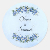 Bruid & Bruidegom Namen Blauwe Pioen Ronde Sticker (Voorkant)