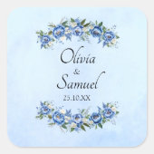 Bruid & Bruidegom Namen & Datum Blauwe Pioen  Vierkante Sticker (Voorkant)