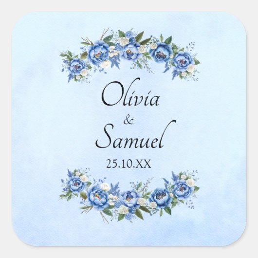 Bruid & Bruidegom Namen & Datum Blauwe Pioen  Vierkante Sticker (Voorkant)