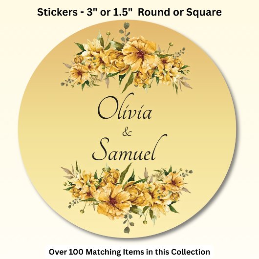 Bruid & Bruidegom Namen Gouden Gele Bloemen Ronde Sticker