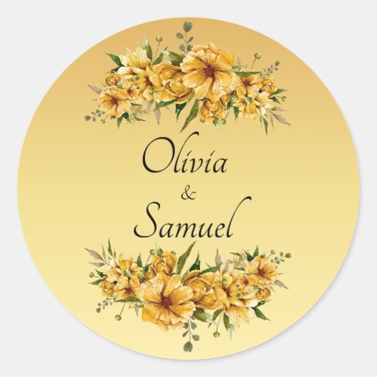 Bruid & Bruidegom Namen Gouden Gele Bloemen Ronde Sticker (Voorkant)