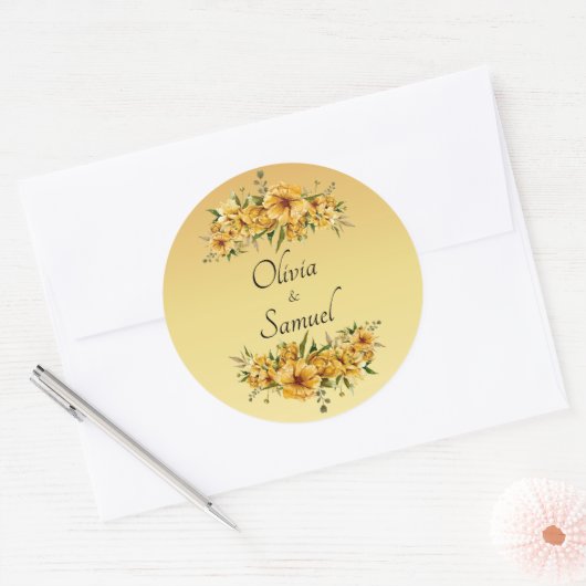 Bruid & Bruidegom Namen Gouden Gele Bloemen Ronde Sticker (Envelop)