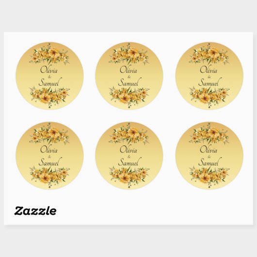 Bruid & Bruidegom Namen Gouden Gele Bloemen Ronde Sticker (Vel)
