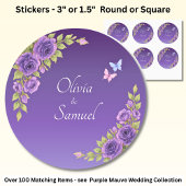 Bruid & Bruidegom Namen Paarse Mauve Bloemen & Wit Ronde Sticker