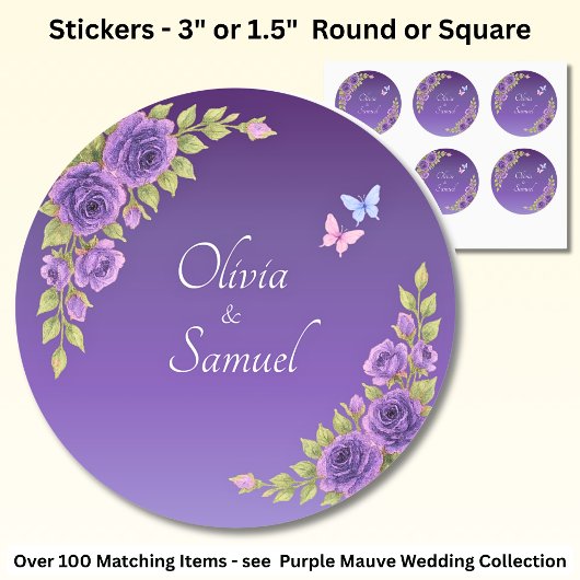 Bruid & Bruidegom Namen Paarse Mauve Bloemen & Wit Ronde Sticker
