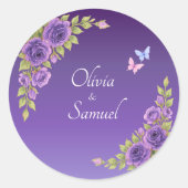 Bruid & Bruidegom Namen Paarse Mauve Bloemen & Wit Ronde Sticker (Voorkant)