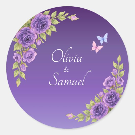 Bruid & Bruidegom Namen Paarse Mauve Bloemen & Wit Ronde Sticker (Voorkant)